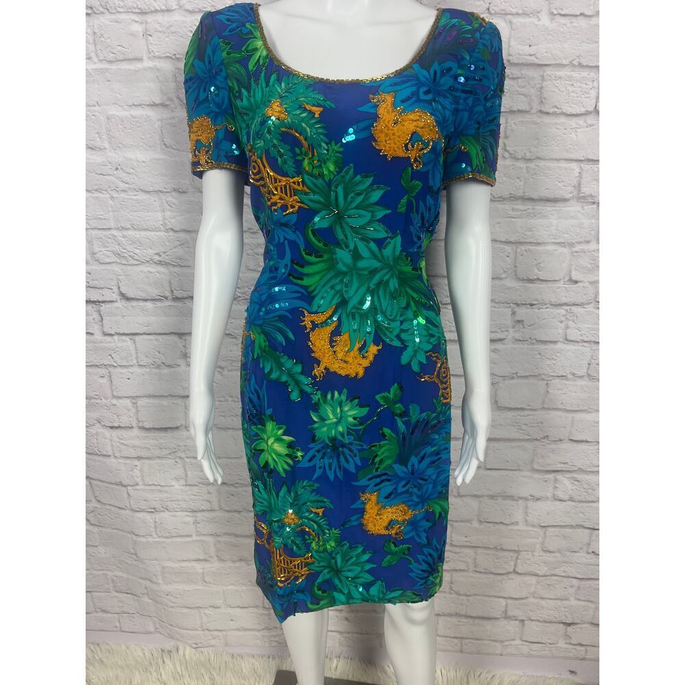 Vintage 1980s 100% Silk A.J. Bari Pattern Beaded and Sequins Dress - Picture 2 of 12